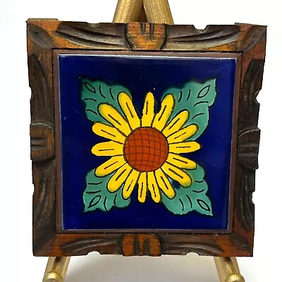 Vintage Mexican Tile Square Kitchen Trivet In Hand Carved Wood Frame Sunflower • $12.60