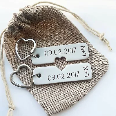 Pair Of Personalised Leather Anniversary Date Keyring Couples Giftset Keychain • £8.95