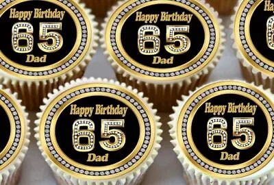 65th Age 65 Happy Birthday Dad Black  Edible Cupcake Toppers Premium Decorations • £2.99