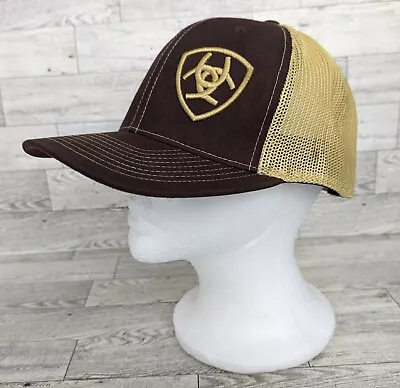 Ariat Men's Logo Offset Flex Fit 110 Tall Ball Cap Hat Mesh Brown & Gold 1596502 • $15