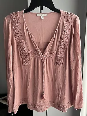 Pale Sky Women Long Sleeve Top Pink V Neck Size M Embroidery  • $17.99