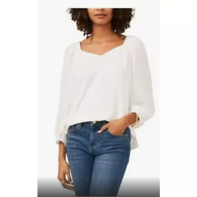 VINCE CAMUTO Womens White Lined Vented Round Hem 3/4 Sleeve V Neck Top XS • $29