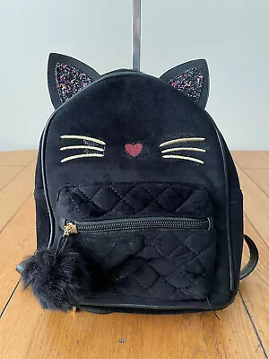 Black Plush Velvet Cute Cat Backpack Zip Around Bag Kawaii Mini Fluffy • £7.99