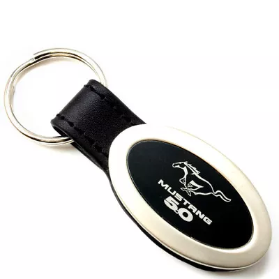 Genuine Black Leather Oval Silver Ford Mustang 5.0 Logo Key Chain Fob Ring • $10.95