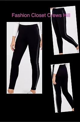 Women's Ladies Diamante Vertical Stripe Detail Fleece Lined Cosy Black Leggings • $9.96