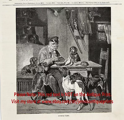 Dogs Begging At Table Dachshund Setters Pointers 1870s Antique Engraving Print • $69.95