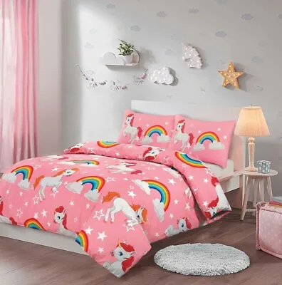 Girls Unicorn Duvet Cover Bedding Set Pink With Pillowcases Single Double Kids • £10.99