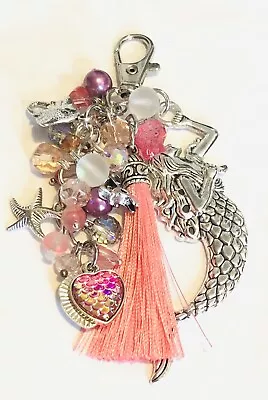 Mermaid Pink Glass Beads Purse Tassel Backpack Keychain Charms Clip • $11.75