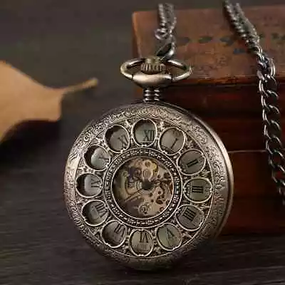 Vintage Mechanical Pocket Watch Fob Hand-wind Half Hunter Chain Necklace Gift • £19.99