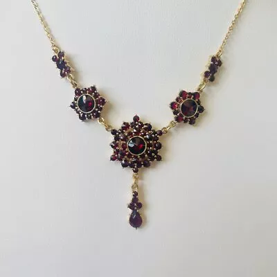 Vintage Bohemian Garnet Silver & Gold Vermeil Cluster Drop Necklace • $215