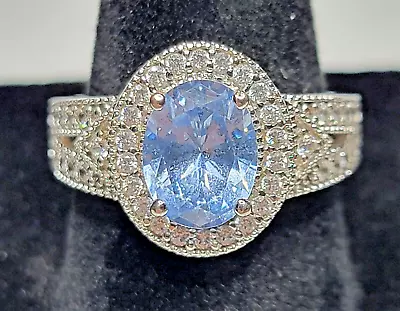 DESIGNER QVC Blue Aquamarine STERLING SILVER 925 White CZ Cocktail Ring Size 7 • $19.99