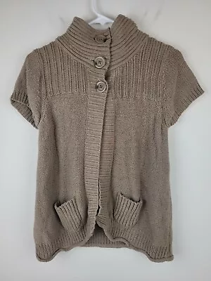 Womens Cardigan M Beige Brown Short Sleeves Pockets Mock Neck Tunic Sweater • £13.50