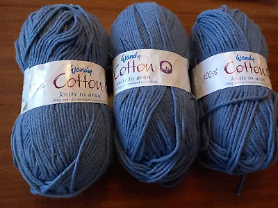 3x100g Balls Wendy Soft Cotton Aran Knitting Yarn Shade 1185 Denim Blue Same Lot • £8.99