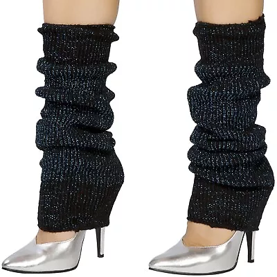 Black Blue Sparkle Leg Warmers Knee High Metallic Knit Retro Costume 80s LW102 • $14.99