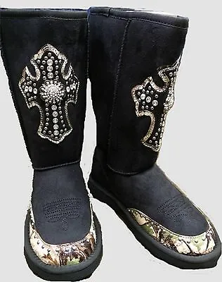 New Montana West Rhinestone Tan Black Camo Cross Micro Suede Fur Lined Boots • $32.50