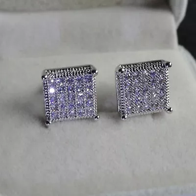 £19.99 • Buy Men's LUXURY Pave 10mm Sim Diamonds 18K White Gold Filled Square Stud Earrings 