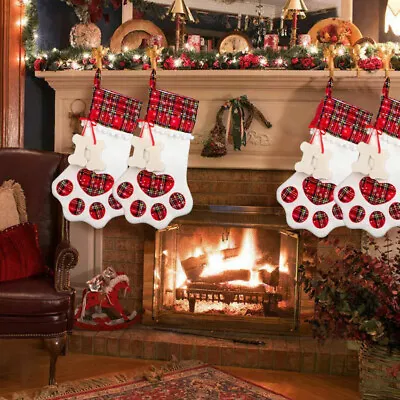 £2.79 • Buy Christmas Gift Bags Pet Dog Cat Paw Stocking Socks Plaid Xmas Tree Ornaments
