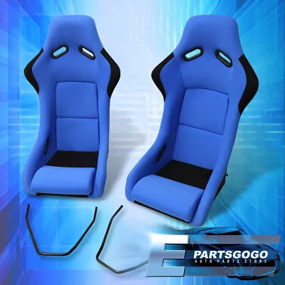 2x Universal Blue Fabric Full Bucket Non-Reclinable Racing Seats + Slider Rails • $303.99