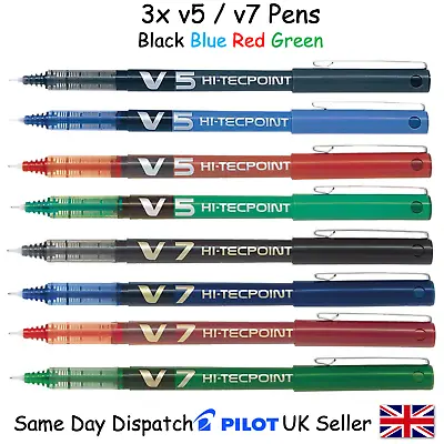 £4.99 • Buy 3x Pilot Hi-Tecpoint V5 / V7 - Liquid Ink Roller Ball Pen Black Blue 0.5 / 0.7