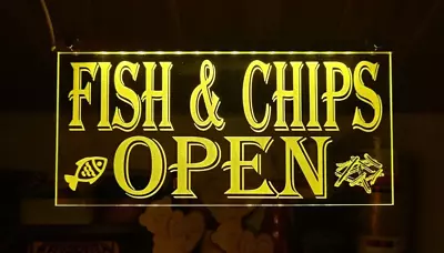 Fish And Chips Light Up Led Sign Open Neon Shop Window Advertisement • £25.99