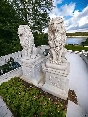 Large Pair Stone Lion On Plinth Garden Ornament Statue Patio Decor Sculpture • £349.90