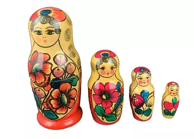 Vintage Russian Matryoshka Babushka Nesting Dolls 4 Pieces Flower Red 6” To 2  • $16.99