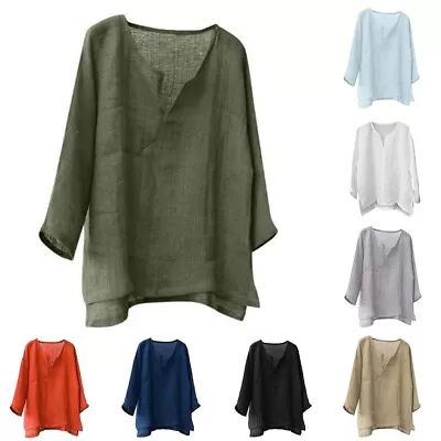 Mens Cotton Linen V-Neck Shirts Casual Baggy Loose Summer Shirt Blouse Tops Tee • $11.13