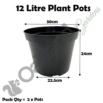 12 Litre Black Plant Pots Plastic Round Flower Pot  L LT High Quality Qty = 2 • £7.95