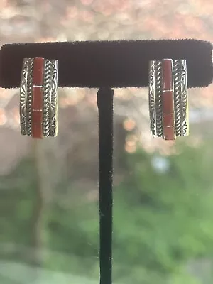Vintage Sterling Coral Stamped Native American Earrings • $45