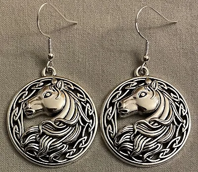 CELTIC HORSE HEAD EARRINGS - Pewter With Sterling Silver Ear Wires STALLION MARE • $15.99