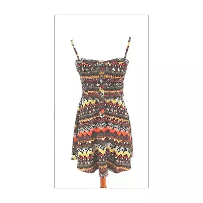 I.N. Fit And Flare Skater Dress Spaghetti Strap Brown Orange Beige Tribal Sz M • $14.03