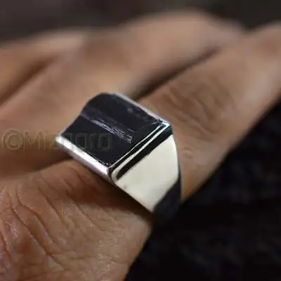 Raw Black Tourmaline Solid 925 Sterling Silver Mens Signet Vintage Handmade Ring • $56.99