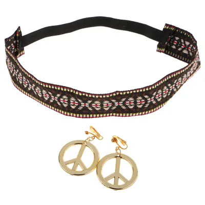 £4.24 • Buy Hippie Headband Gold Peace Symbol Earrings Kit 60s 70s Costume Accessories