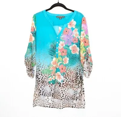 MUSHKA By SIENNA ROSE Blouse Womens Size M Teal Cheetah Floral High Low Sheer • $19.33