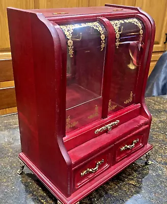 Vintage Wood Jewelry Music Box Armoire Hinged Glass Door Necklace Carousels • $49.99