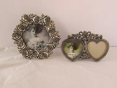 Vintage Victorian Style Pewter Heart Roses Mini Double Heart Picture Frames Lot  • $32.99