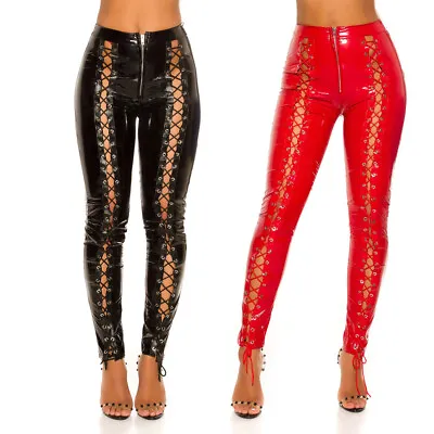 Latex Look Leggings Front Lace Up Shiny Leather Vinyl KouCla - Red & Black • £34.95