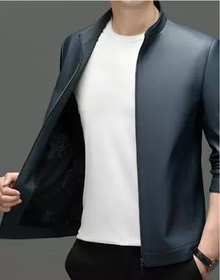 Men‘s Zip Jacket  Stand Collar Leather Fur Lining Motorcycle Skinny Coat • $90.42