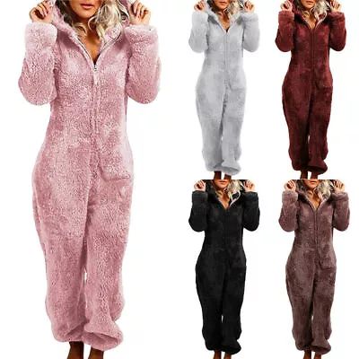 Winter Womens Warm Fluffy Fur Fleece Hooded All In One Zip Jumpsuit 1Onesie PJs • $44.79