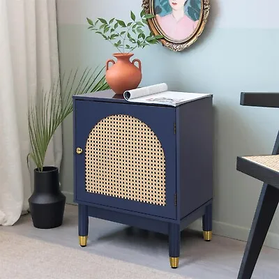 Storage Cabinet Small Bedside Table With Arched Rattan Doors Nightstand Blue • $77.99