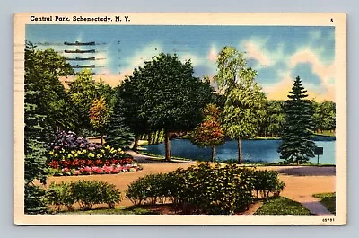 Schenectady NY New York Central Park Lake Linen Postcard • $2.85