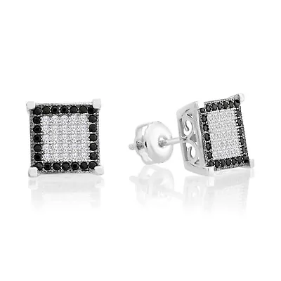 Sterling Silver CZ Micro-Pave Black & White Square Studs Earrings Screw-back • $29.95