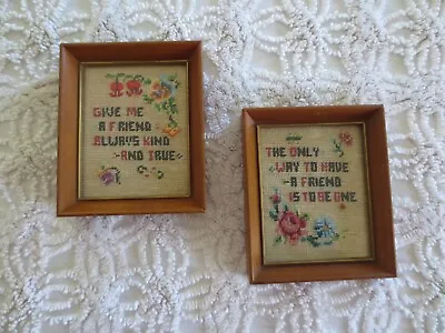 Pair WOOD FRAMEWD Vtg. 1955 FRIENDSHIP VERSE NEEDLEPOINT Pictures - 5  X 6  Ea. • $24