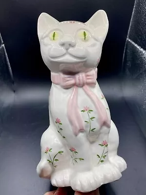 Vintage MANN Hand-Painted Ceramic Country Rose Smiling Cat 1982 MINT • $18