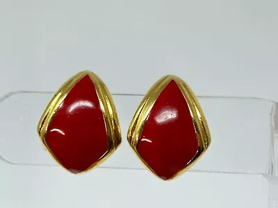 Vintage Goldtone Signed MONET Red Enamel Pierced Post Stud Earrings • $16