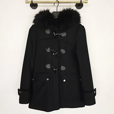 Zara S Black Wool Duffle Mob Wife Coat With Pockets And Detachable Faux Fur Hood • $60