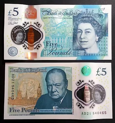 ENGLAND 2015 - 5 Pounds. Queen Elizabeth/Winston Churchill. Serial AD#at Random • $9.81