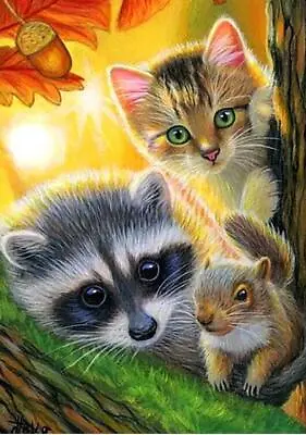 $13.90 • Buy DIY Diamond Painting Racoon Cat Squirrel Full Round Rhinestone Art Picture