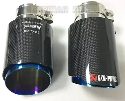 BLUE X2 UNIVERSAL AKRAPOVIC STYLE 4  GLOSS CARBON EXHAUST TIP/TAILPIPE STEEL A5 • £79.49