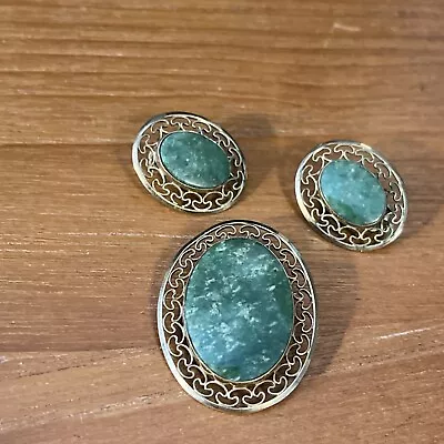 Vintage Winard 12KGF Brooch Pin Clip Earrings Oval Filigree Green Jade Set • $78.89